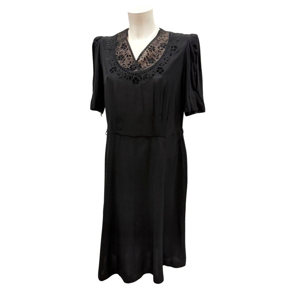 Vintage Black Floral Lace V-Neck Puff Sleeve Midi Dress‎ 1930s 1940s Vtg Antique